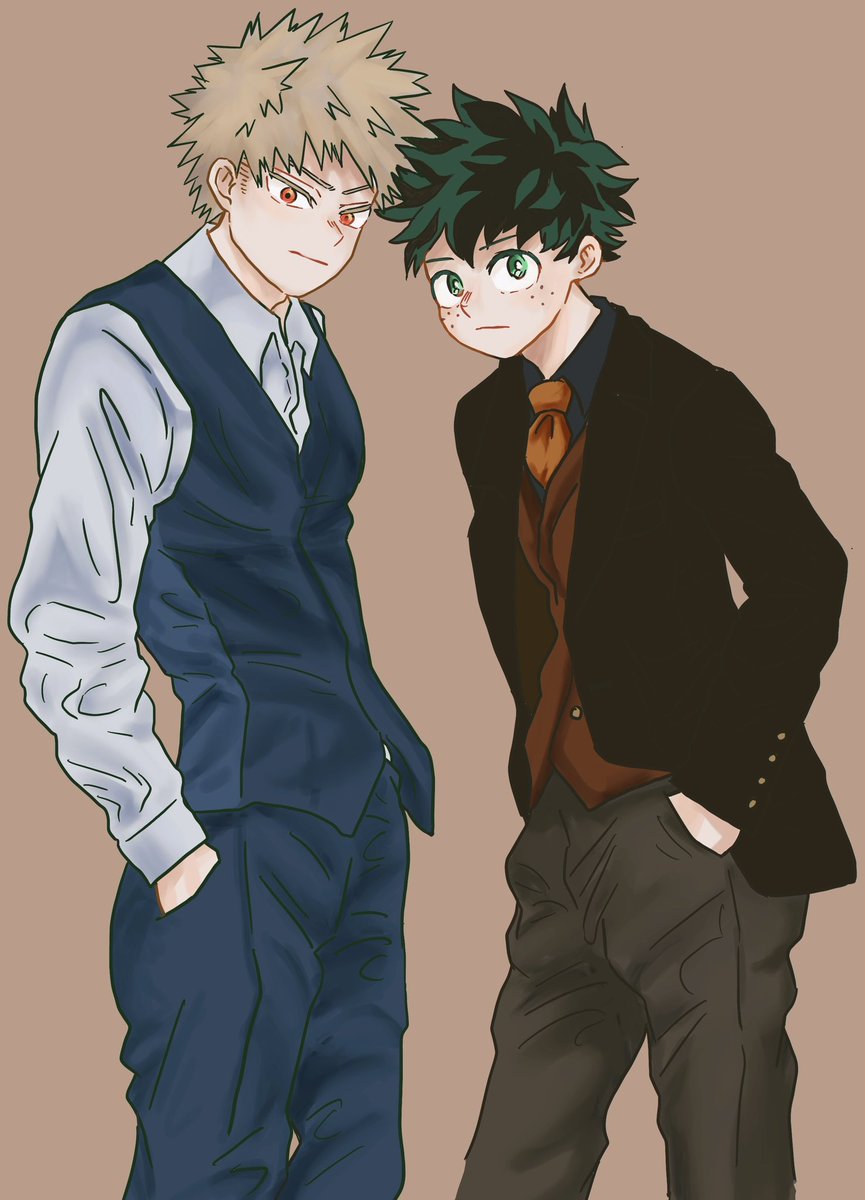 bakugou katsuki ,midoriya izuku multiple boys freckles 2boys male focus vest green hair blonde hair  illustration images