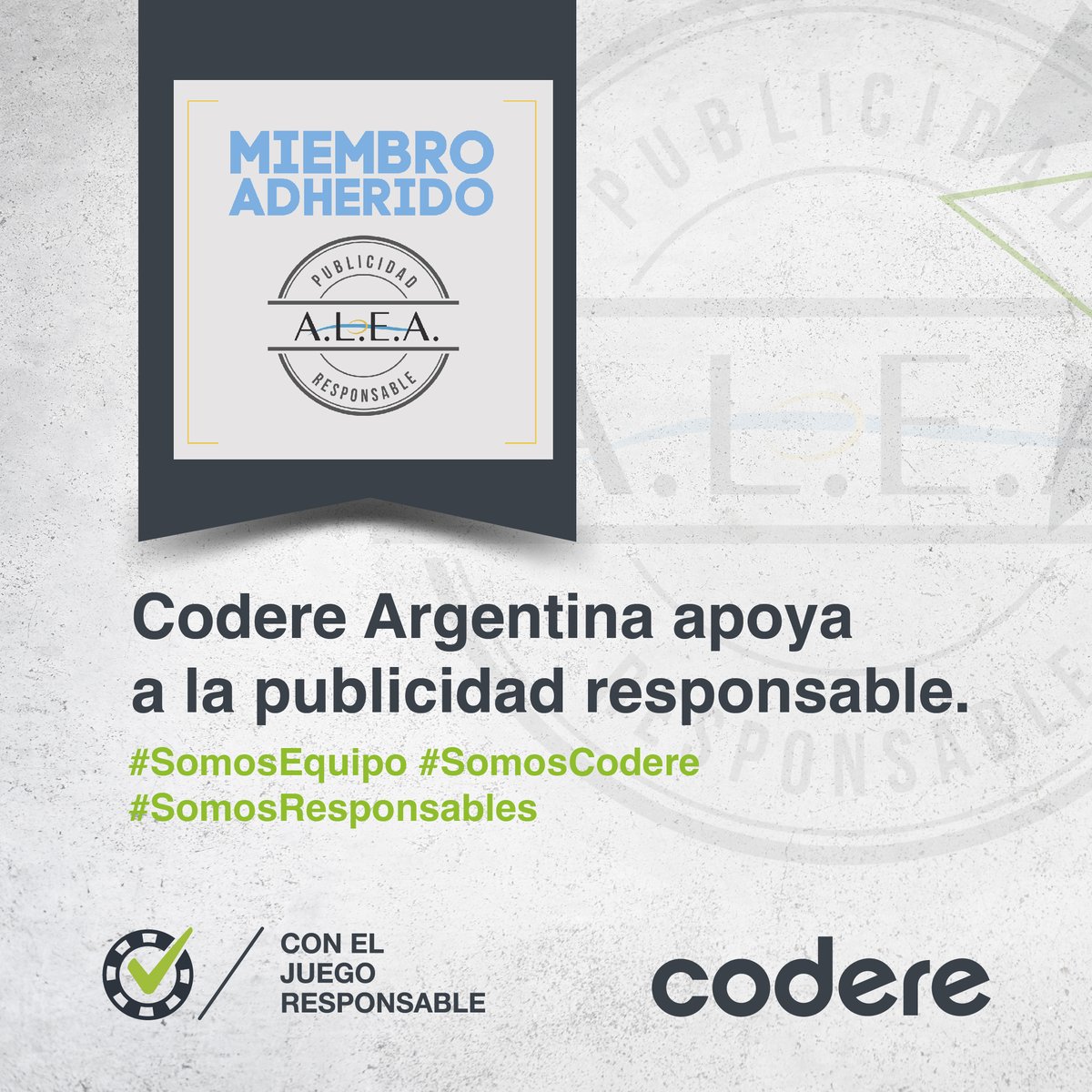 codereAr's tweet image. En @codereAr adherimos al Código de Buenas Prácticas para la Publicidad Responsable de Juegos de Azar Online para Argentina de @AleaOrg, que nos permite estar alineados con los máximos estándares en materia de #JuegoResponsable.

#SomosEquipo #SomosCodere #SomosResponsables
