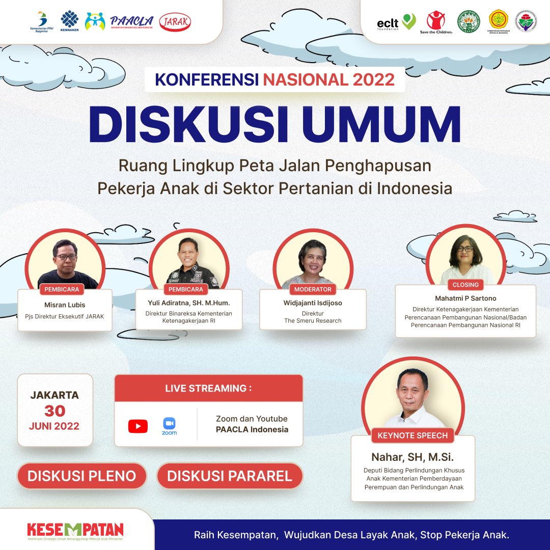 STREAMING KONFERENSI NASIONAL 2022
Membangun Kemitraan Menuju Pertanian Indonesia Tanpa Pekerja Anak

kamu masih bisa mengaksesnya melalui Youtube: Seknas JARAK atau melalui link berikut ini:

bit.ly/KonferensiNasi…

#KonferensiNasional #StopPekerjaAnak #Kemitraan #Kolaborasi