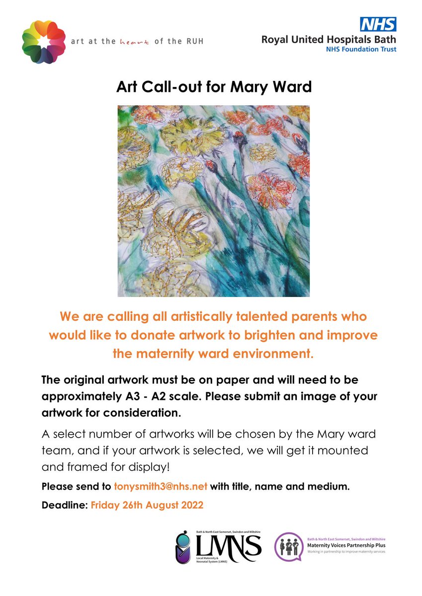 Art at the Heart (@artatruh) on Twitter photo We're looking for artistically talented parents to donate artwork to brighten up <a href="/RUHBath/">RUH Bath 🏥</a> maternity ward environment🙂
Please see poster for more details #artatruh #artwork #nature #landscape #wildlife We're looking for artistically talented parents to donate artwork to brighten up <a href="/RUHBath/">RUH Bath 🏥</a> maternity ward environment🙂
Please see poster for more details #artatruh #artwork #nature #landscape #wildlife
