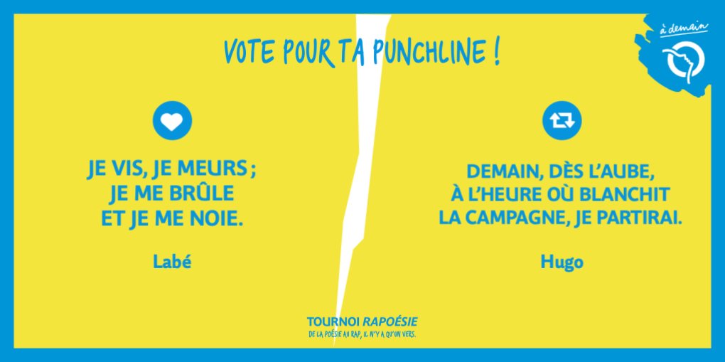 <a href="/_Baudelaire_/">Charles Baudelaire</a> <a href="/GuydeMaupass/">Guy de Maupassant</a> <a href="/Kulturlesite_/">Kultur</a> <a href="/booska_p/">Booska-P</a> [#TournoiRAPoésie 🪶 Battle 3] Pour cette 3e battle, la Belle Cordière affronte l’écrivain romantique !
Team Louise (LIKE) ou team Victor (RT) ?
#SergeLeLapin #GrandPrixPoésie #RATP