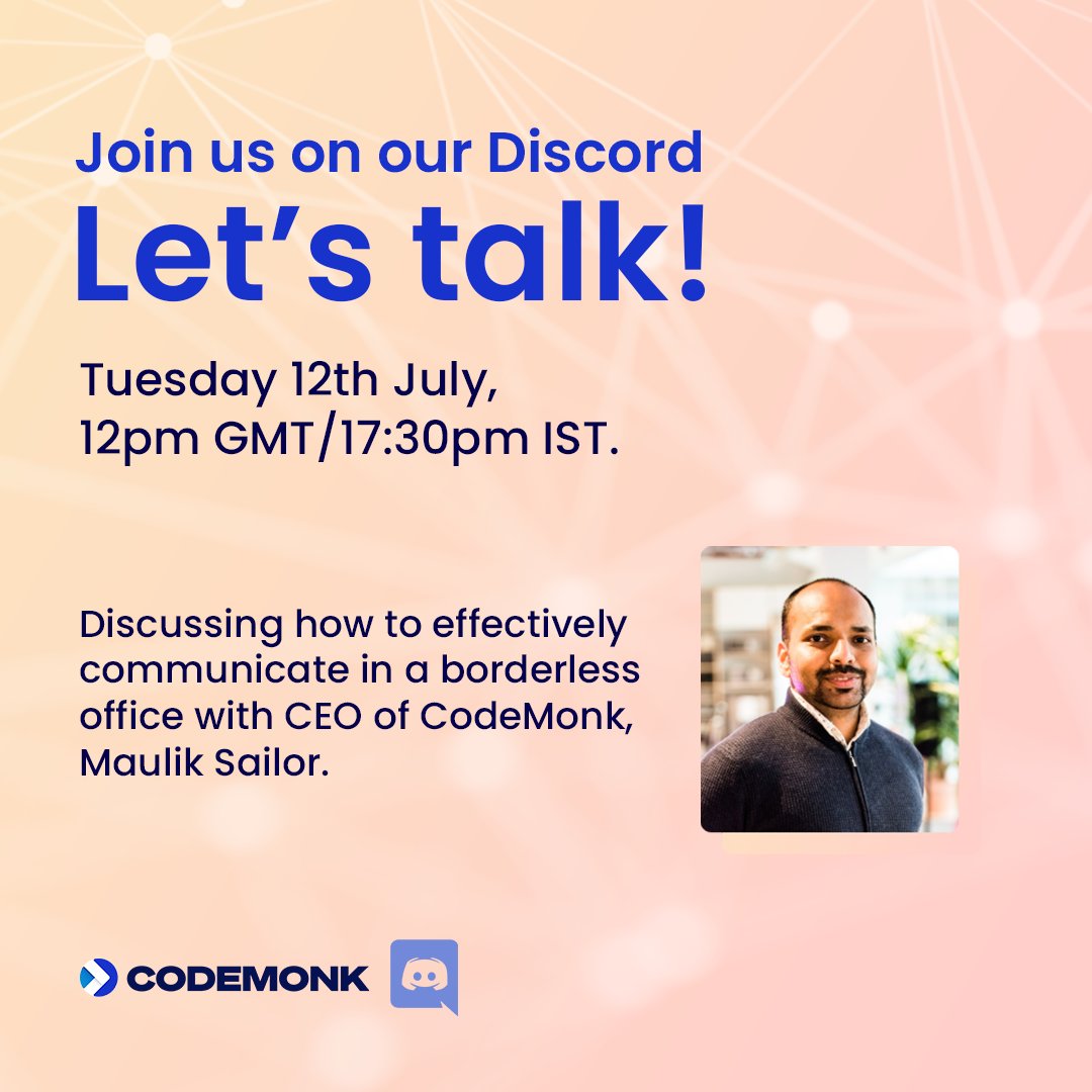 Communication is key 🔑

Are you interested in learning how to effectively communicate in a borderless office?

Just so happens we have an expert that knows all about successfully building and operating a borderless company * cue CEO of CodeMonk, <a href="/mauliksailor/">Maulik Sailor</a> *