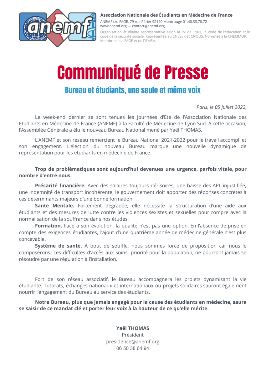 ANEMF's tweet image. [CdP : Bureau et #étudiants, une seule et même voix]
📣 Election du nouveau BN mené par @YaelT_ANEMF 

📌 #Précarité
📌 Santé #mentale
📌 Qualité de la #formation
📌 Système de #santé

C'est avec détermination que nous nous battrons pour défendre la voix des étudiants en médecine