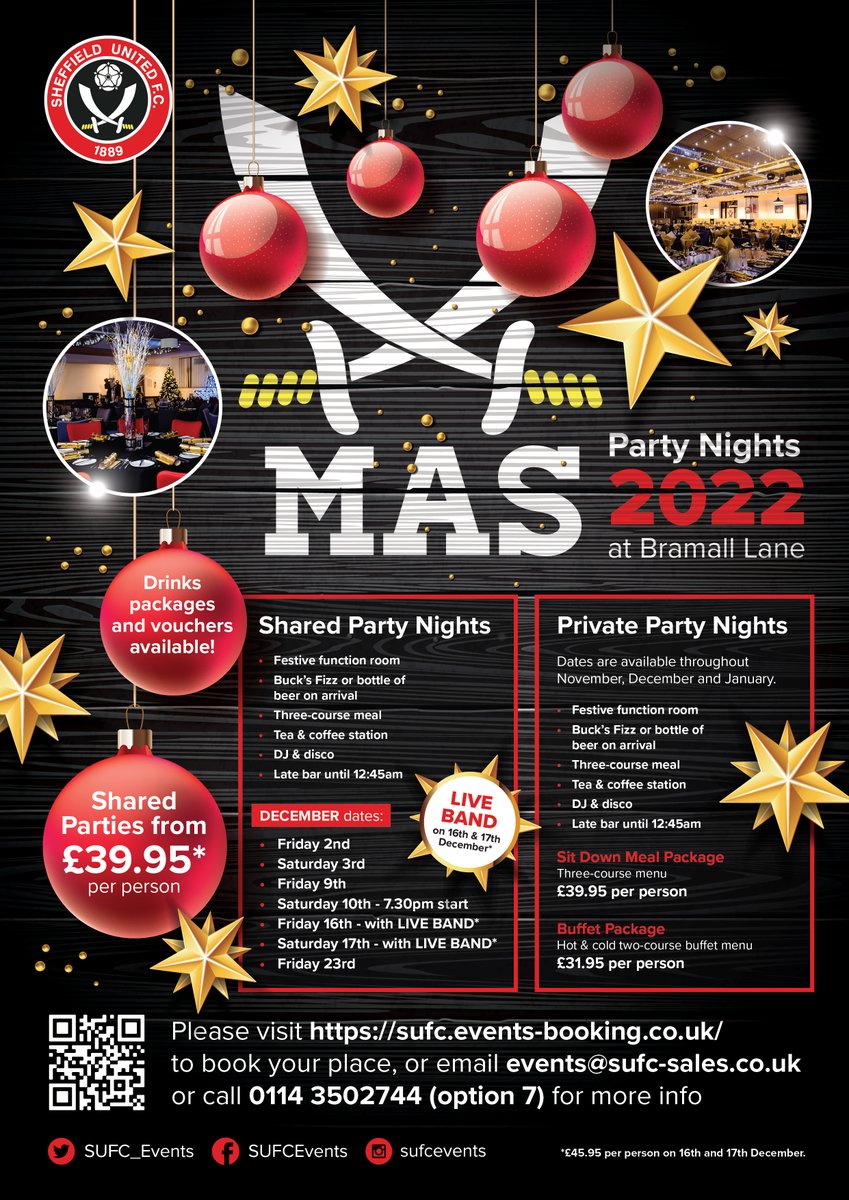 Book your 2022 Christmas Party at <a href="/SheffieldUnited/">Sheffield United</a>! 🎄🎅🏻

sufc.events-booking.co.uk