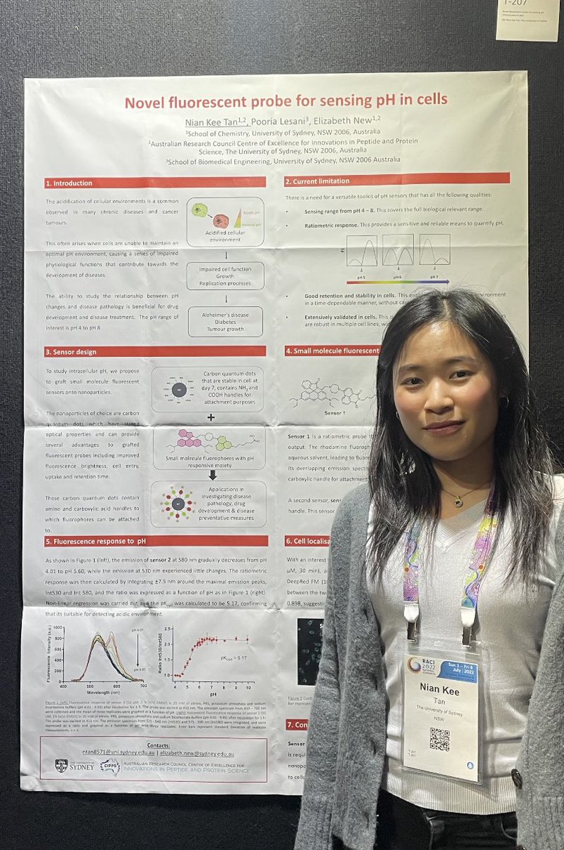 niankee's tweet photo. Thank you to #RACI2022 for the opportunity to present my PhD work about fluorescent pH sensor. Come learn about it at T-207 before we take it down Wednesday evening! #ozchem https://t.co/MwLSDVaISC