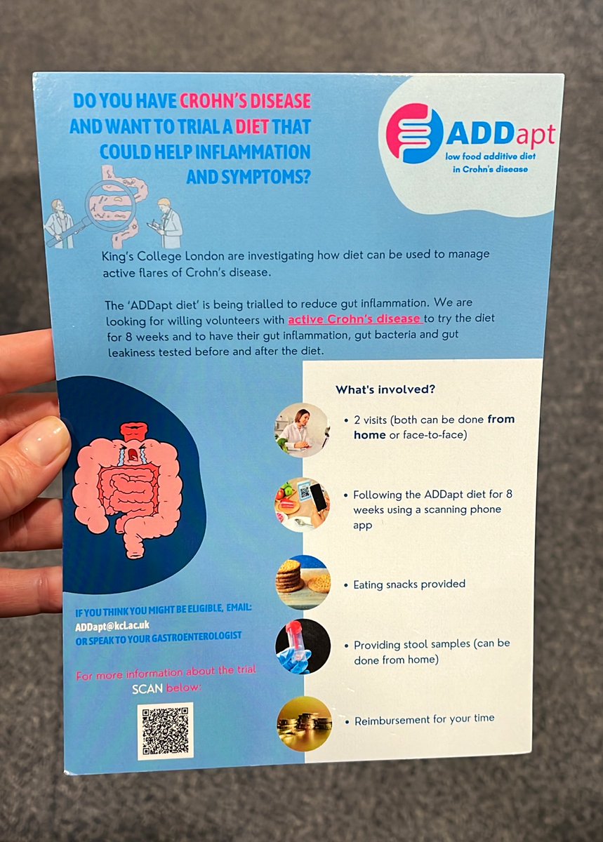 📣 Calling all with #crohnsdisease we’ve now opened recruitment for our ‘ADDapt diet’ clinical trial to the WHOLE of the UK! If you have active disease and think you might be eligible, please email: ADDapt@kcl.ac.uk