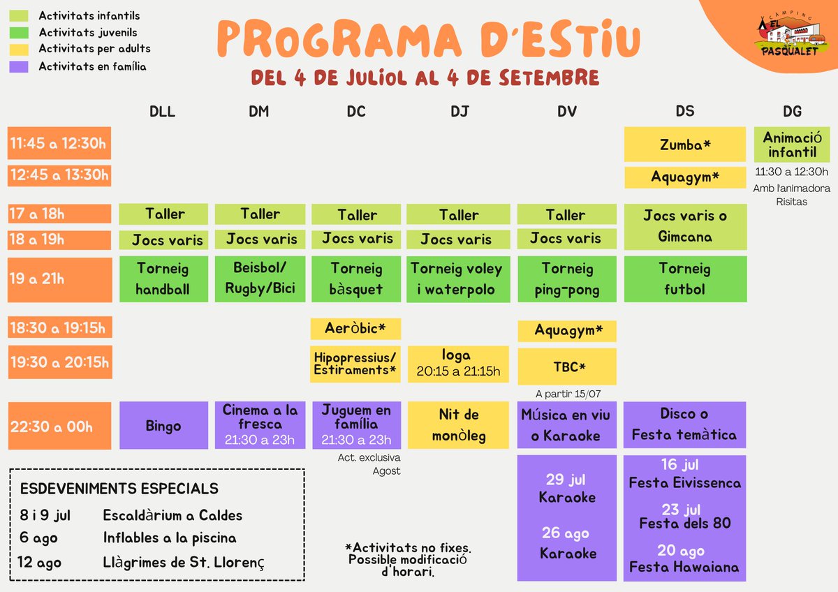 ARRIBA EL PROGRAMA D'ESTIU☀️!

Activitats per a totes les edats i gustos...

🎉 Festes temàtiques
🎙️ Monòlegs
🎶 Música en viu
🕺 Disco
🤡 Animació infantil
⚽ Tornejos esportius 
🖍️Jocs i tallers
🔢 Bingo
🍿 Cinema a la fresca
👨‍👩‍👧‍👦 Jocs en familia 
🏋️‍♀️ Classes dirigides

I més! 😎