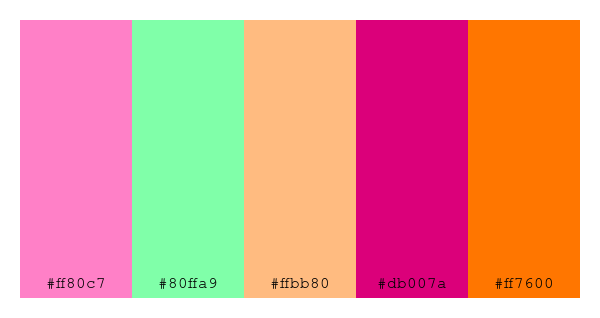 ColPaletteBot's tweet photo. Beep beep, here's a pretty color palette for you!
color-scheme.js parameters used:
- hue: 189
- variation: default
- colors: #ff80c7, #80ffa9, #ffbb80, #db007a, #ff7600
Have a lovely day!
#twitterbot #colorpalette #colors #palette #prettycolors https://t.co/Alup8y7qkL