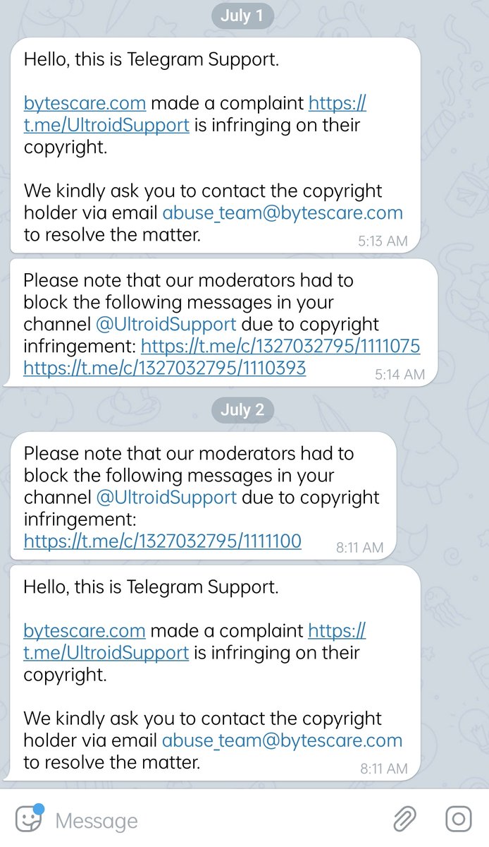 TheUltroid's tweet photo. Hi @Telegram. 
Our group (https://t.co/W6NwvO5s0E) (currently https://t.co/5h778QQfzA) got banned on July 2nd, as a copyright takedown from @BytesCare (https://t.co/aDcfyauOMG).

1/2 https://t.co/jtyOLEnw7a