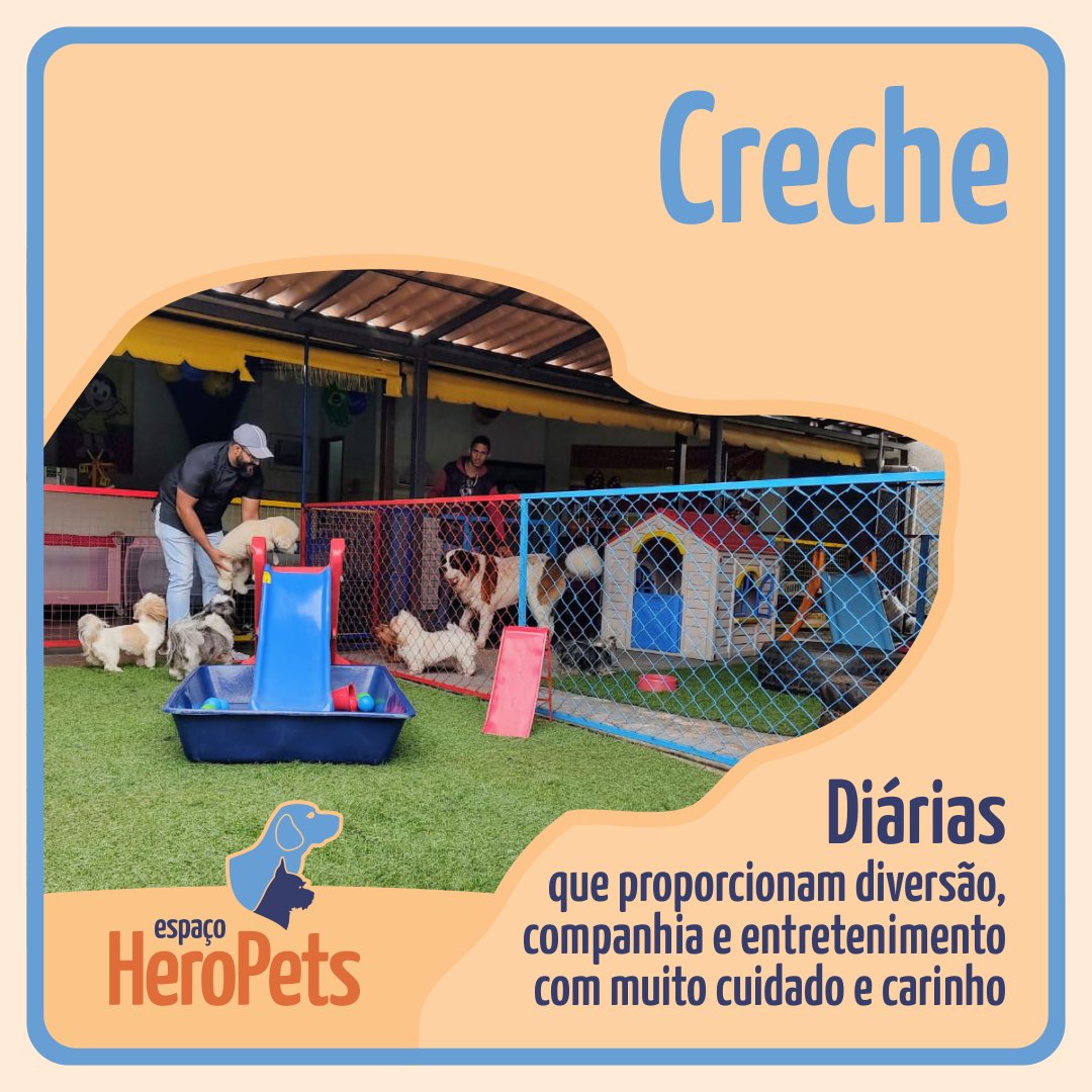 EspacoHeroPets's tweet image. A creche é uma ótima opção para auxiliar a vida do tutor e seus familiares, pois pode contribuir na socialização e gasto de energia do pet: através de brincadeiras, em estrutura adaptada, sob supervisão de monitores, assim o pet recebe estímulo positivo.
