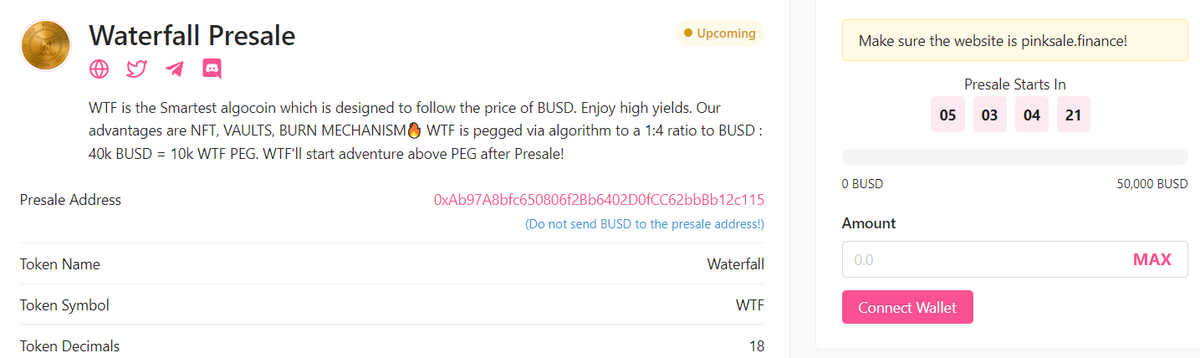 🔥PRESALE WILL BE HELD ON <a href="/pinkecosystem/">PinkSale (Pink Ecosystem)</a> 

#presale link below👇👇👇
pinksale.finance/launchpad/0xAb…

🪙 $WTF is pegged via algorithm to a 1:4 ratio to $BUSD : 40k $BUSD = 10k $WTF PEG. 

🚀After Presale ends price per WTF = 5 BUSD
Do not miss this chance and opportunity!
#tombfork #BSC