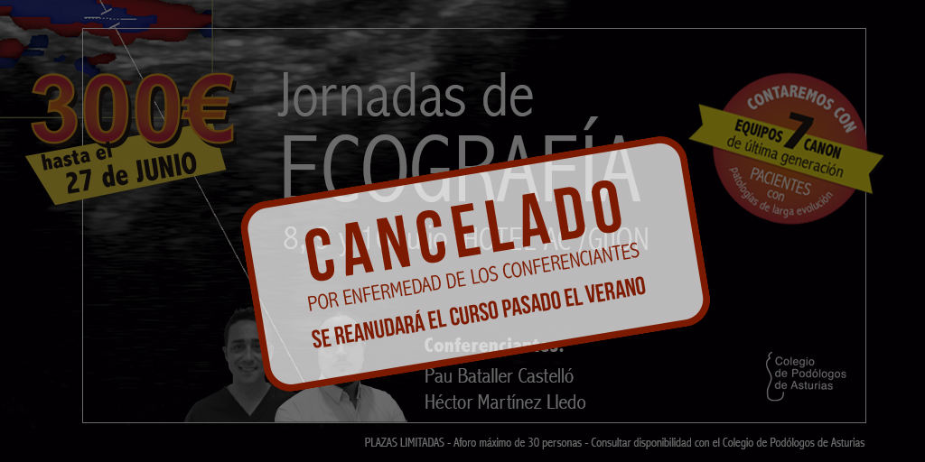 ❌ Sentimos comunicar que el evento de las Jornadas de ecografía queda cancelado hasta después del verano por enfermedad. 
✍ En cuanto tengamos fecha para la siguiente convocatoria, os lo anunciaremos. 
🙏 Disculpad las molestias.
#ColegiodePodólogosAsturias #Podología