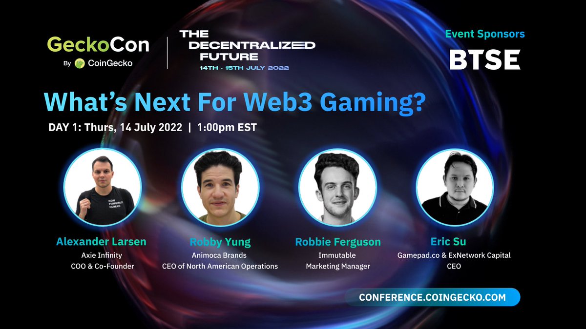 BTSE_Official's tweet photo. Gamers, interested on what’s next for #Web3 gaming?

Join @coingecko exclusive conference featuring @AxieInfinity, @animocabrands, &amp; @Immutable 🎙
 Like, Retweet and Tag 3 friends to win 1 of 5 tickets to attend #GeckoCon 2022! 🎟 https://t.co/pe6FaFOuT1