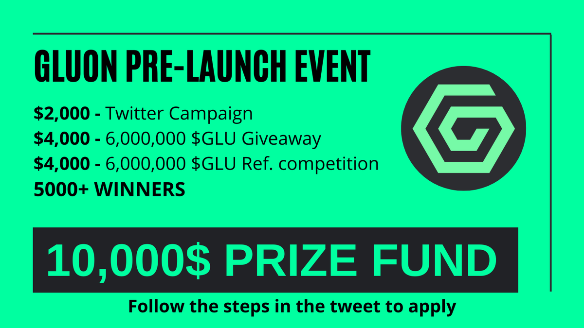 🎊GLUON Global Pre-Launch Event with $10,000 (6,000,000 $GLU) prize fund!
🔗Participate now: gleam.io/C2v8D/gluon-gl… 
🎁Beneficial rewards for you:
$2,000 - Twitter campaign💥
$4,000$ - 6m $GLU Giveaway💥
$4,000 - 6m $GLU Ref.💥
#airdrop #giveaway #gluon