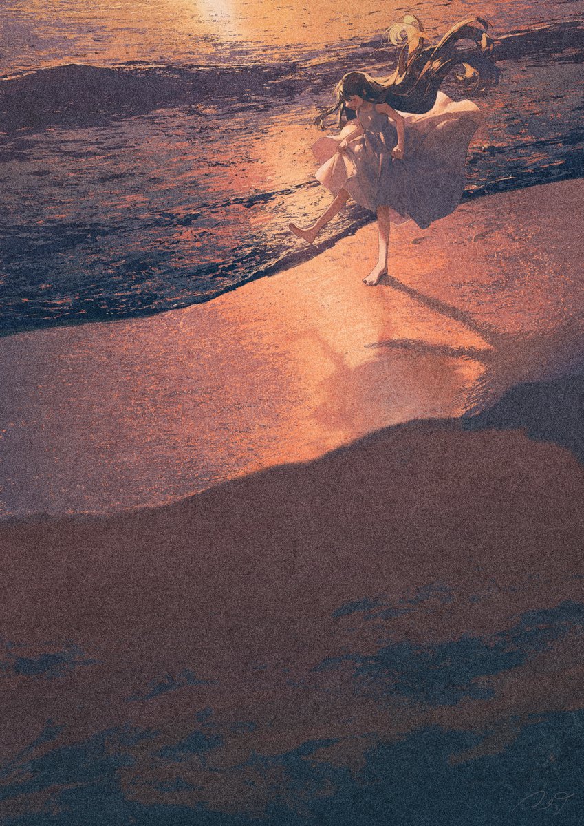 1girl long hair dress solo white dress barefoot beach  illustration images