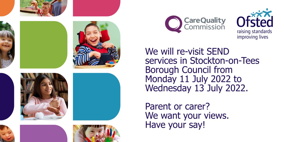 Ofstednews's tweet photo. Parent or carer of a child with #SEND in Stockton-on-Tees? Fill in the survey: https://t.co/UPm1Q8LQkn or contact your local Parent Carer Forum to find out how you can share your views during the local area re-visit. Check your council website for more details. @CQCpressoffice https://t.co/HrSSiUKA5J