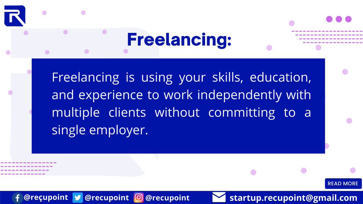 recupoint's tweet photo. Since the pandemic,freelancing has risen to become an answer to the employment problems of many,especially youths.

As a freelancer,you have the freedom to work from anywhere at anytime.
What do you understand about freelancing and the benefit it provides?
@NgSidehustle #Startups https://t.co/O1AOtUVuyG