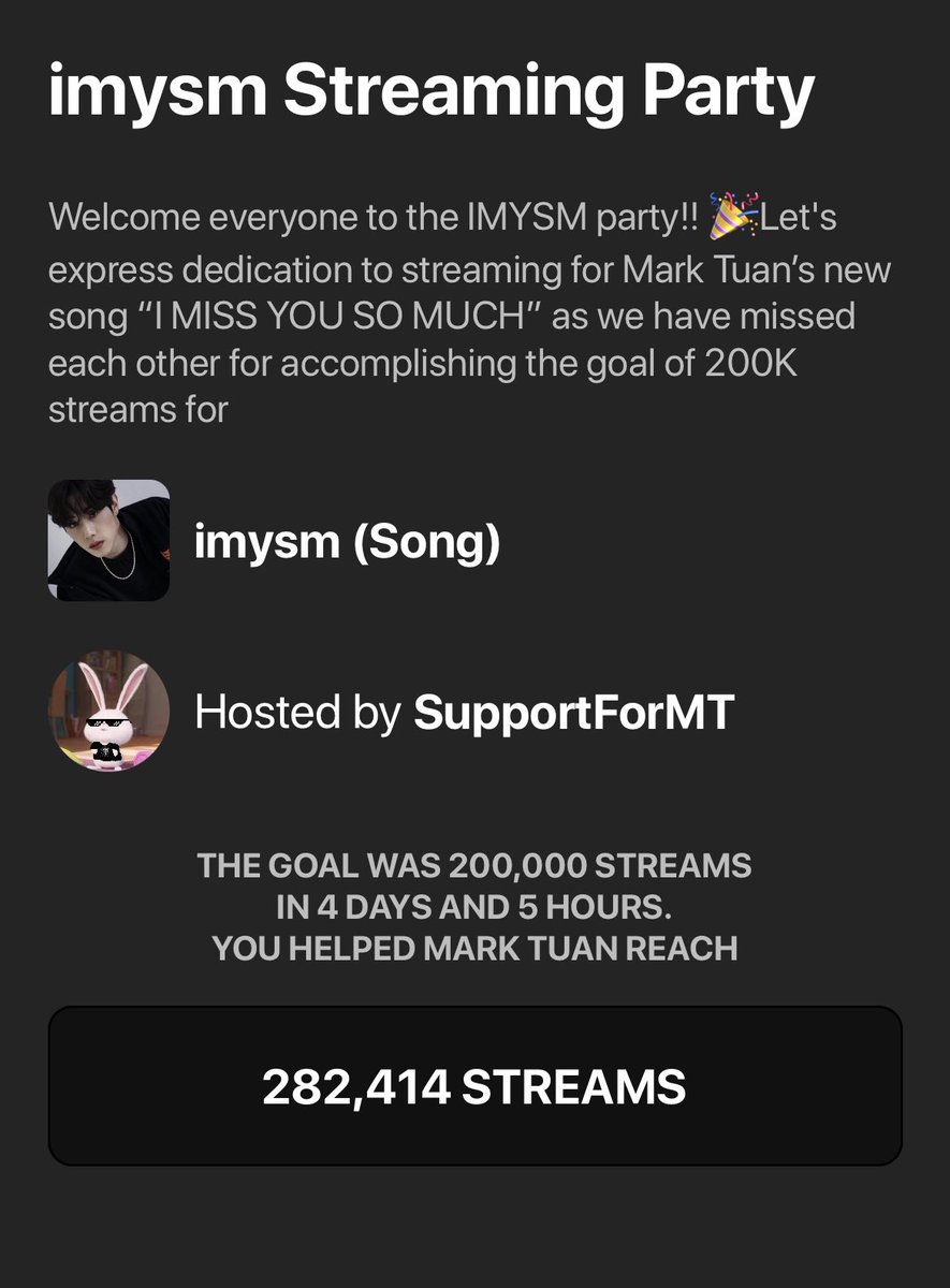 SupportForMT's tweet photo. ปาร์ตี้ 🎙#imysm Streaming Party On Renaissance จบลงแล้วค่ะ
ยอดสตรีม 4 วัน 282,414 สตรีม🥳
ทุกคนเก่งมากๆค่ะ ขอบคุณผู้ร่วมปาร์ตี้ทุกท่าน 🙏😊 แล้วมาสนุกกันอีกนะคะ🤘
#SupportForMTParty
#MarkTuanOnSpotify
@marktuan #MarkTuan
@dnaofficial @GOT7
#GOT7OnSpotify https://t.co/zRGjYWEZh8