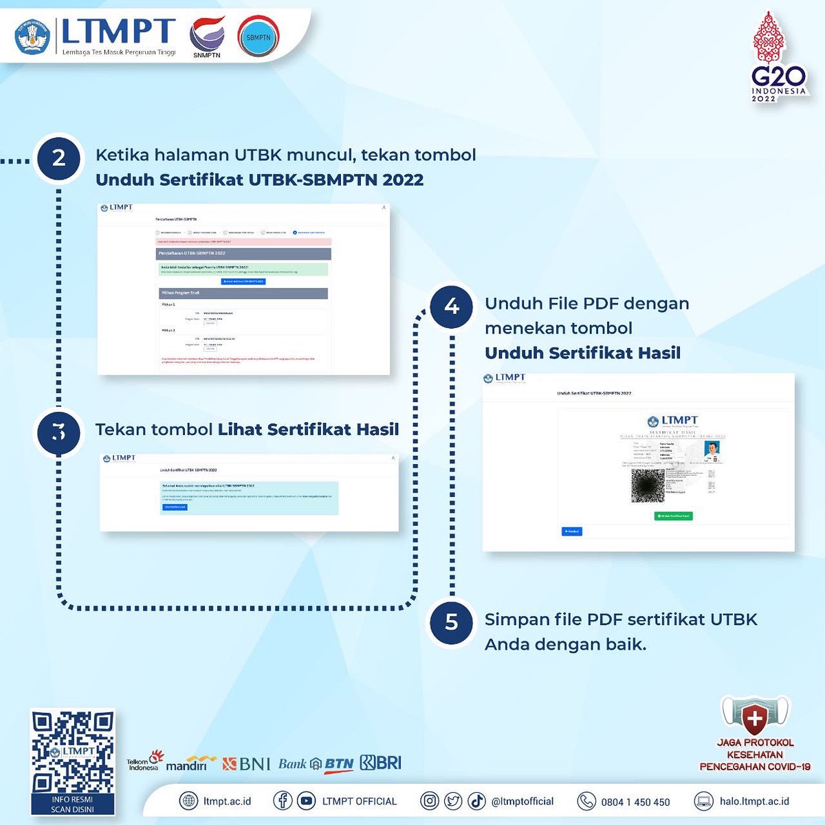 ltmptofficial's tweet photo. 2. Ketika halaman UTBK muncul, tekan tombol “Unduh Sertifikat UTBK-SBMPTN 2022”
3. Tekan tombol “Lihat Sertifikat Hasil”
4. Unduh File PDF dengan menekan tombol “Unduh Sertifikat Hasil”
5. Simpan file PDF sertifikat UTBK Anda dengan baik. https://t.co/HnIn9yiyGp