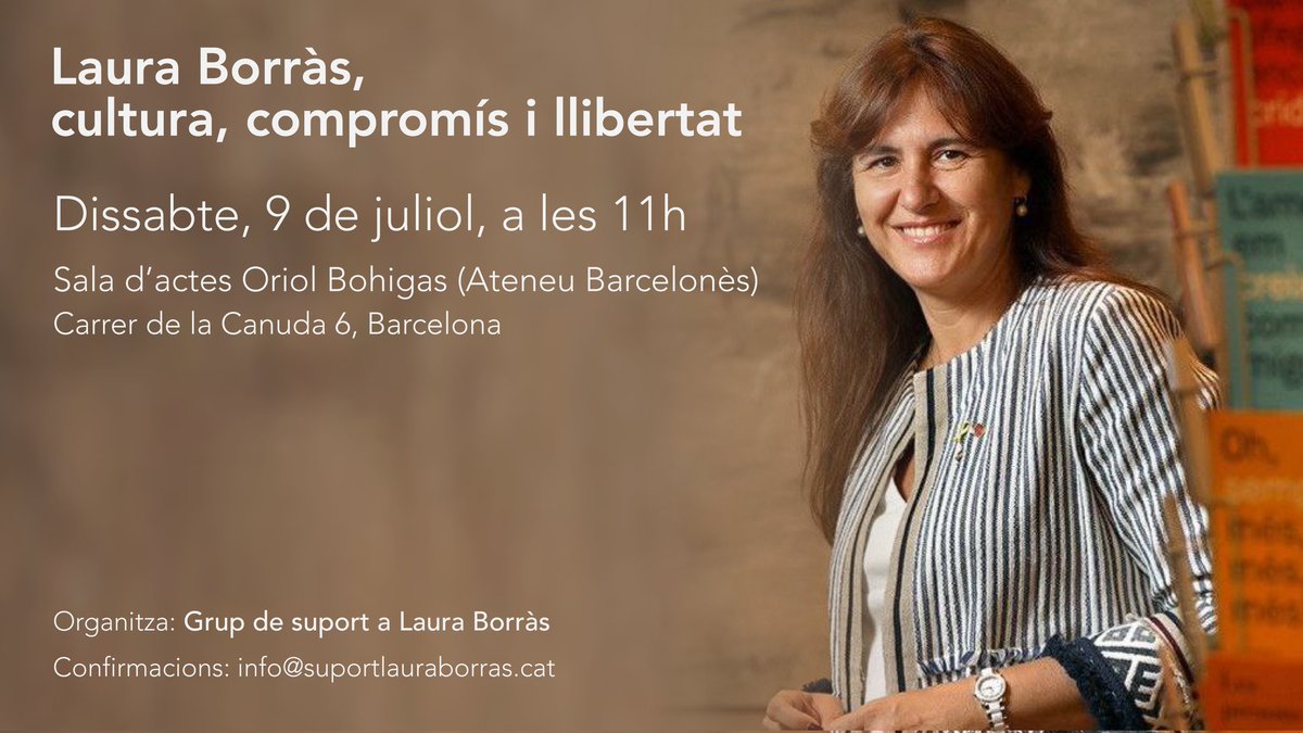 GrupLaura's tweet photo. Laura Borràs, cultura, compromís i llibertat. 

📅 Dissabte 9 de juliol 
🕘 11.00h
 📌 Ateneu Barcelonès

📩 Confirmacions a info@suportlauraborras.cat https://t.co/MCmnCPKncR