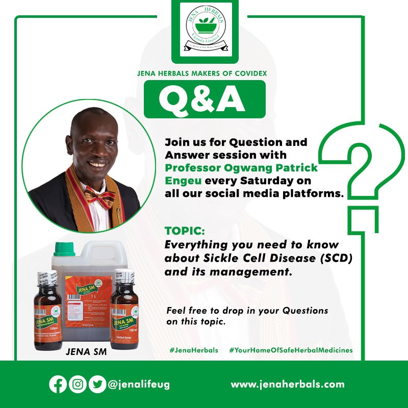 jenalifeug's tweet photo. Join us for Q&A session with Professor @EngeuProf every Saturday on all our social media platforms.
Next Week's Topic is on Sickle Cell Disease (SCD) and it's management.
#SickleCellDisease #JenaLifeUg #ProfOgwang #COVIDEX #JenaHerbalsUg https://t.co/DY7Hpgeigm