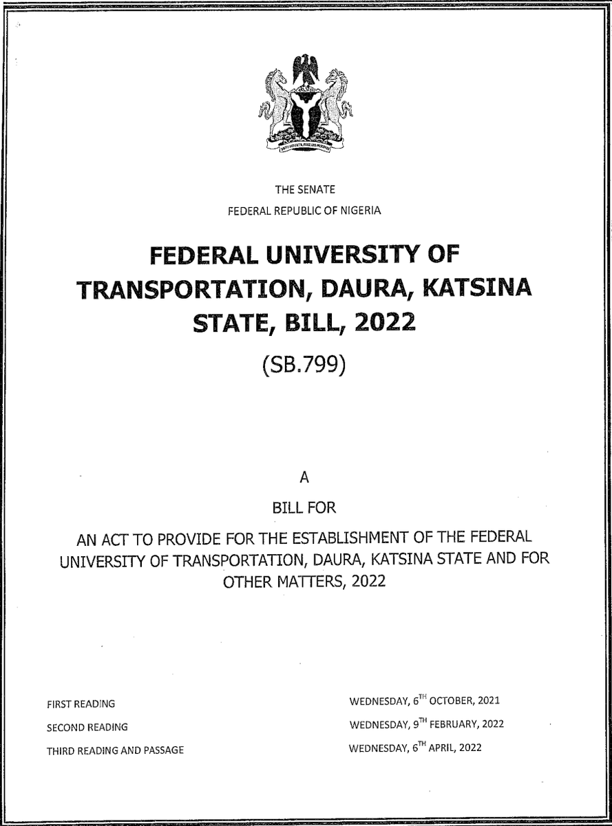 placbillstrack's tweet photo. 1/ The Bill to establish the Federal University of Transportation, Daura, Katsina State, passed by the @NGRSenate, is available here: https://t.co/WfzxmRJszk.
#NASSBills
#PLACBills https://t.co/Kr5FhXIzEm