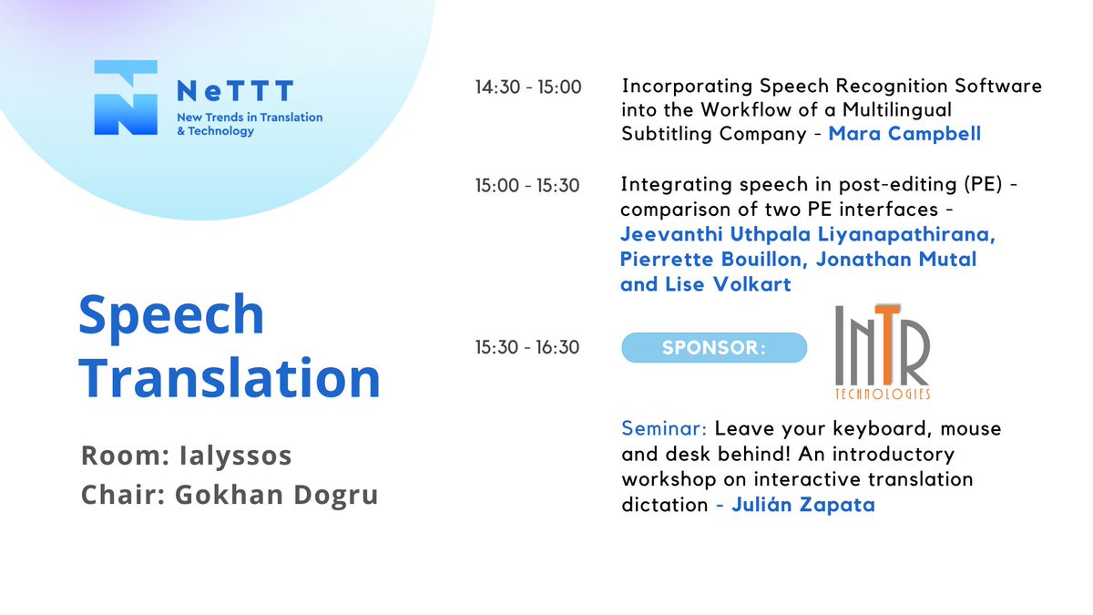 InTrTech's tweet photo. A whole session on #SpeechTechnologies in #translation about to start at the #NeTTT2022 @NeTTTconference. https://t.co/y8dalX2CGK