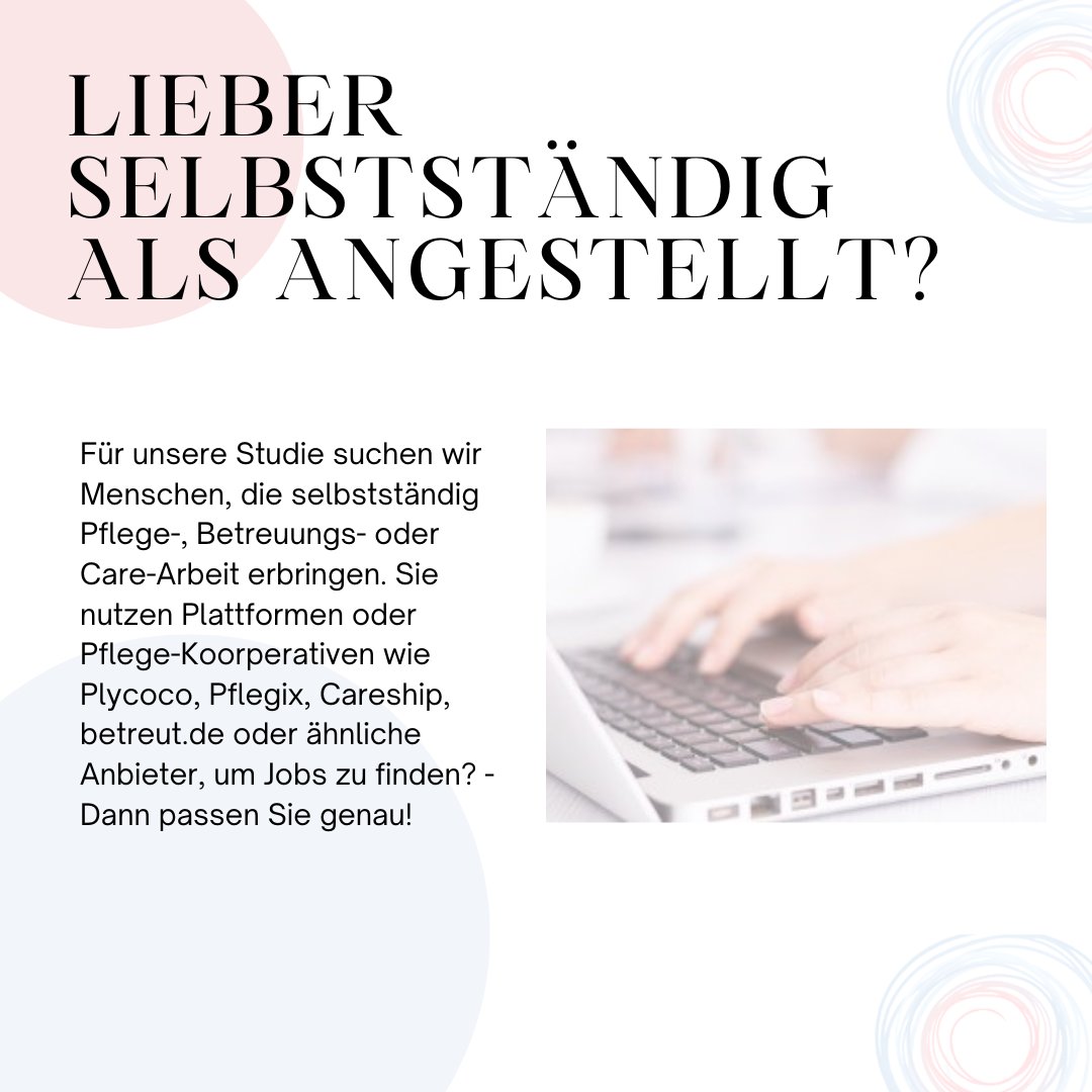 Franz & Frau B. (@bfranzka) on Twitter photo Hej Twitter,hej #Pflegebubble! für mein Projekt an der <a href="/unihh/">Universität Hamburg</a> @SorgeTransform suche ich Pflegekräfte, die selbstständig arbeiten und Erfahrungen mit Plattformen wie <a href="/careship_de/">Careship</a>,<a href="/Pflegix/">Pflegix</a>, <a href="/PlycocoL/">Plycoco International Ltd.</a> <a href="/betreutde/">Betreut.de</a> haben.#Pflexit, aber wohin? Ist selbstständige Arbeit eine Alternative? Hej Twitter,hej #Pflegebubble! für mein Projekt an der <a href="/unihh/">Universität Hamburg</a> @SorgeTransform suche ich Pflegekräfte, die selbstständig arbeiten und Erfahrungen mit Plattformen wie <a href="/careship_de/">Careship</a>,<a href="/Pflegix/">Pflegix</a>, <a href="/PlycocoL/">Plycoco International Ltd.</a> <a href="/betreutde/">Betreut.de</a> haben.#Pflexit, aber wohin? Ist selbstständige Arbeit eine Alternative?