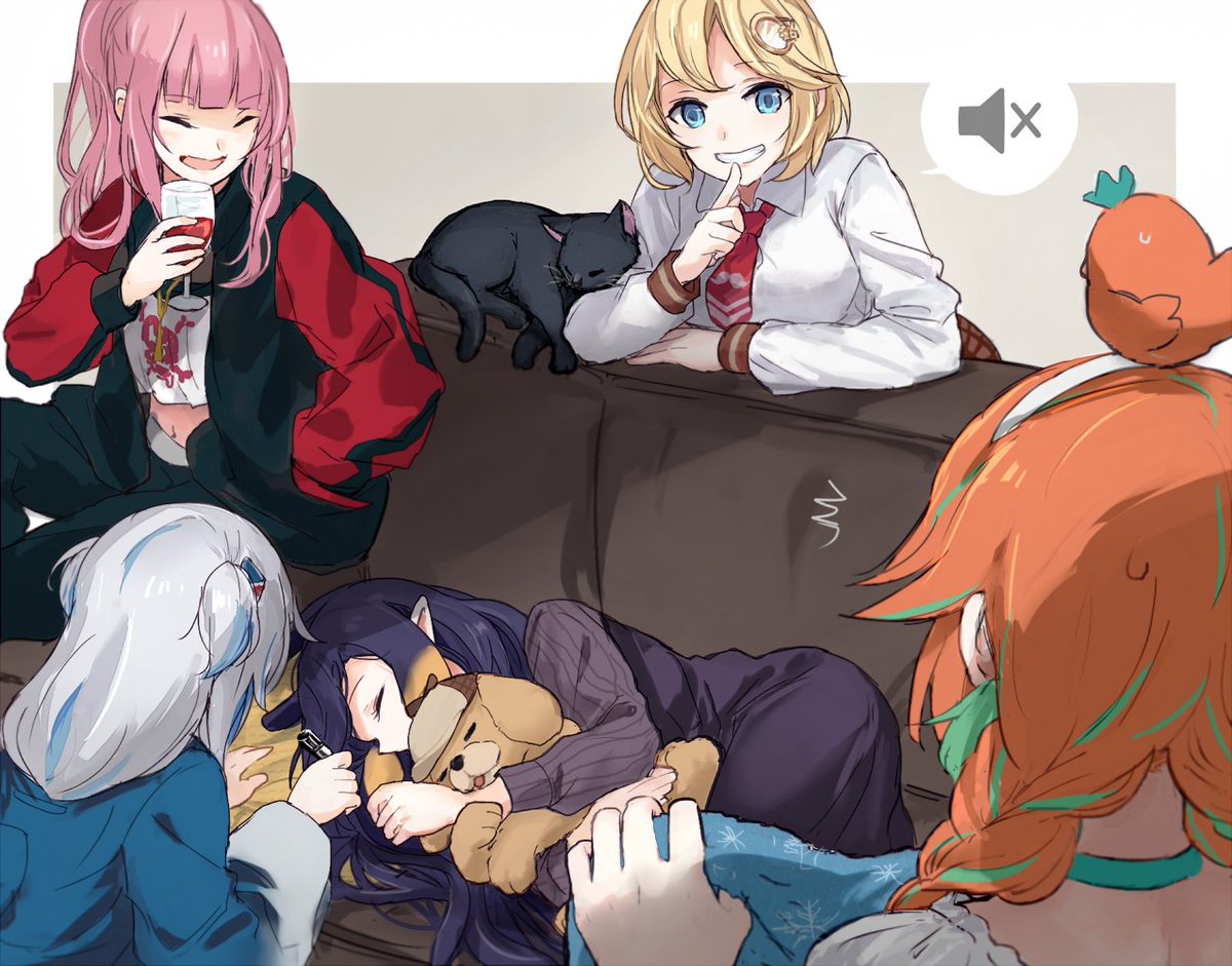 gawr gura ,mori calliope ,ninomae ina'nis ,takanashi kiara ,watson amelia multiple girls holomyth pink hair 5girls blonde hair sleeping dog  illustration images