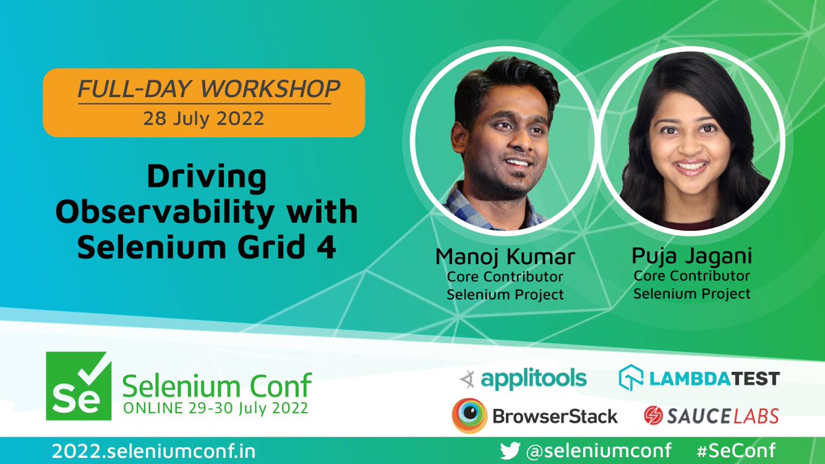 seleniumconf's tweet image. #SeleniumGrid 4 offers greater #Observability to your #TestAutomation. @manoj9788 &amp;amp; @pujagani&apos;s full-day #SeConf #workshop will teach you best practices to setup and run your grid effectively. Learn more and register here: confng.in/2oSrUnet

#TestAutomation #SeleniumTesting