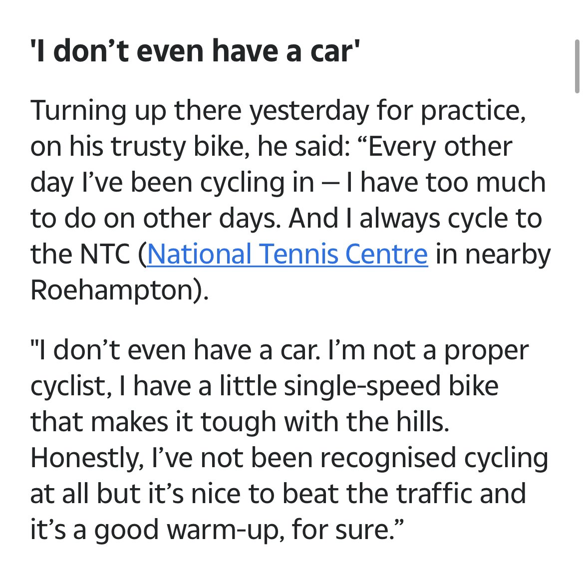 Players and VIPs get ferried around #Wimbledon in electric SUVs, often getting stuck in traffic.

Not Cameron Norrie, the last Briton standing in the tournament. “I don’t own a car. It’s nice to beat the traffic and get a good warm up for sure.”