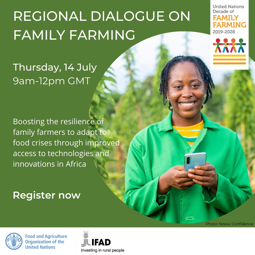 #FamilyFarming is vital for inclusive, resilient and sustainable agrifood systems.
 
Register now for the Regional Dialogue on Family Farming in Africa.
 
Thursday 14 July, 9am-12pm GMT
 
Register here 👉 bit.ly/3u6GXcj

#UNDFF