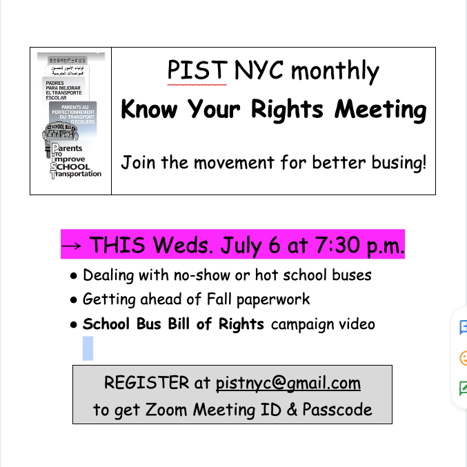 pistnyc's tweet photo. This Wednesday, not just for families of summer school students but with an emphasis on that since it just started.
#KnowYourRights #WheresMyBus #GetPIST https://t.co/7M5Edjei5E