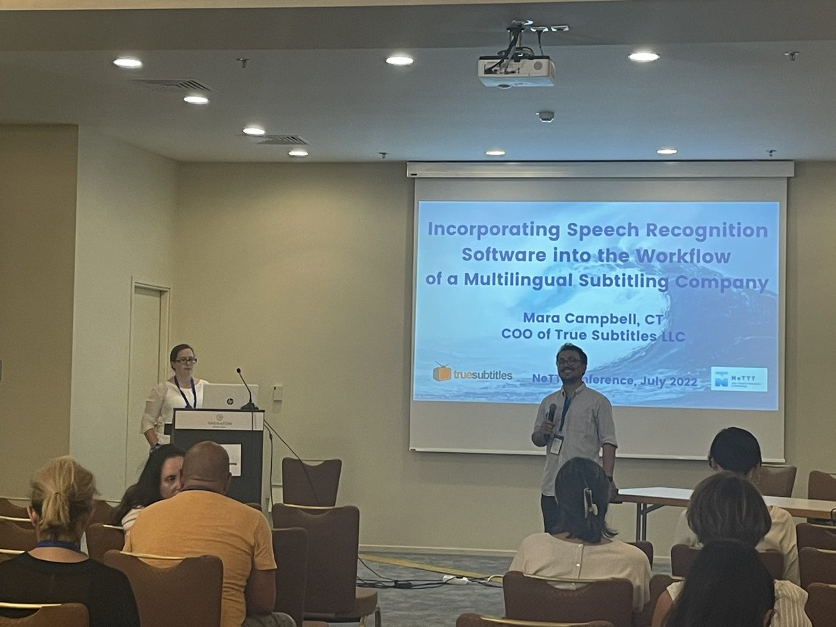 MStasimioti's tweet photo. @gkhn_dgris is chairing the speech translation session! Mara Campbell from @truesubtitles is the first presenter and will explain how a multilingual subtitling company can incorporate #Speech recognition software into the workflow https://t.co/qXEw9MV7ep
