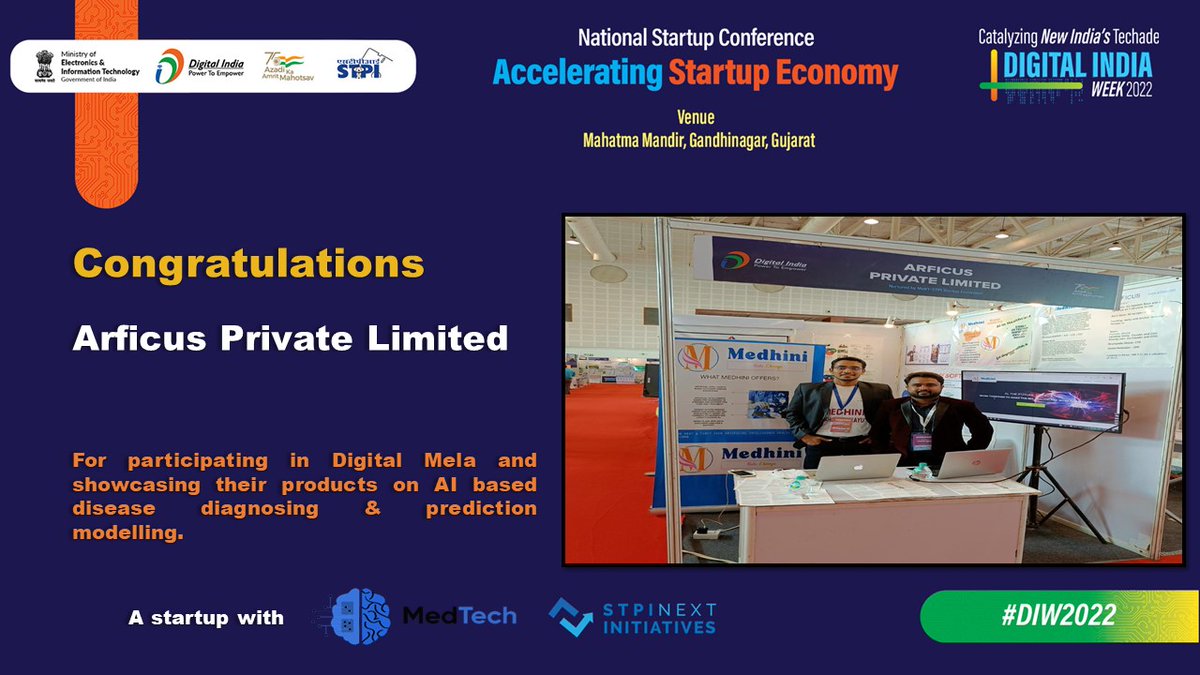 Congratulation M/s Arficus Pvt Ltd a #Startup with #MedTechCoE #NGIS #Lucknow for participating in #DigitalMela & showcasing their products on AI based disease diagnosing & predication modelling. #DIW2022 #StartupConference @AshwiniVaishnaw @Rajeev_GoI @alkesh12sharma @arvindtw