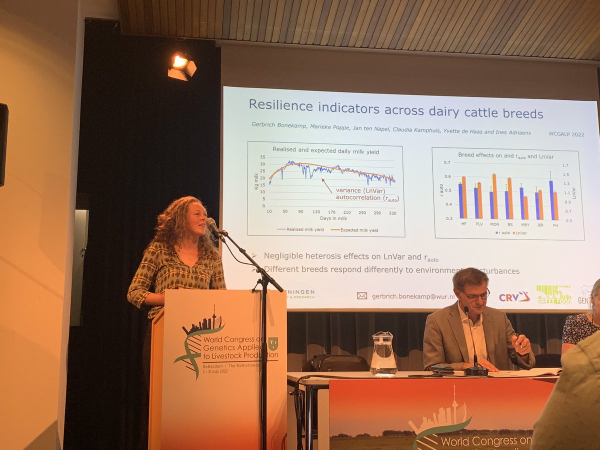 Gerbrich Bonekamp pitches on #resilience indicators across #dairy cattle breeds “different breeds respond differently to environmental disturbances” 🐄 #WCGALP2022 <a href="/WURlivestock/">WUR Livestock</a>
