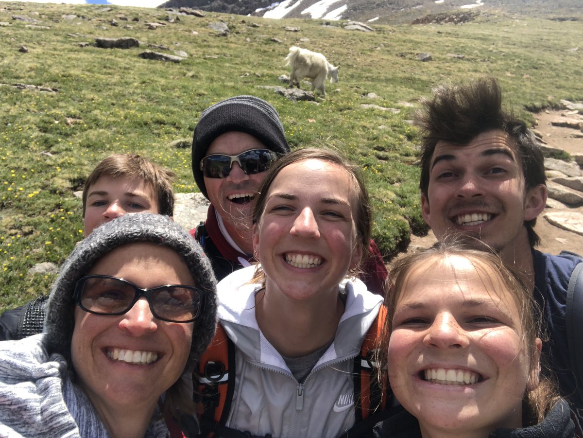MrsBuege's tweet photo. Family selfie with a mountain goat😂 He was on our trail while hiking in CO! #cecheetahs #cesummer22 https://t.co/Nkf76jhH19