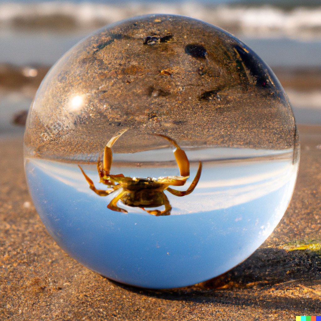 JacobKnitig's tweet photo. It can imitate an artist's style or create lifelike images, like this "crab looking at transparent sphere on a beach" https://t.co/wBCdqPYN0T