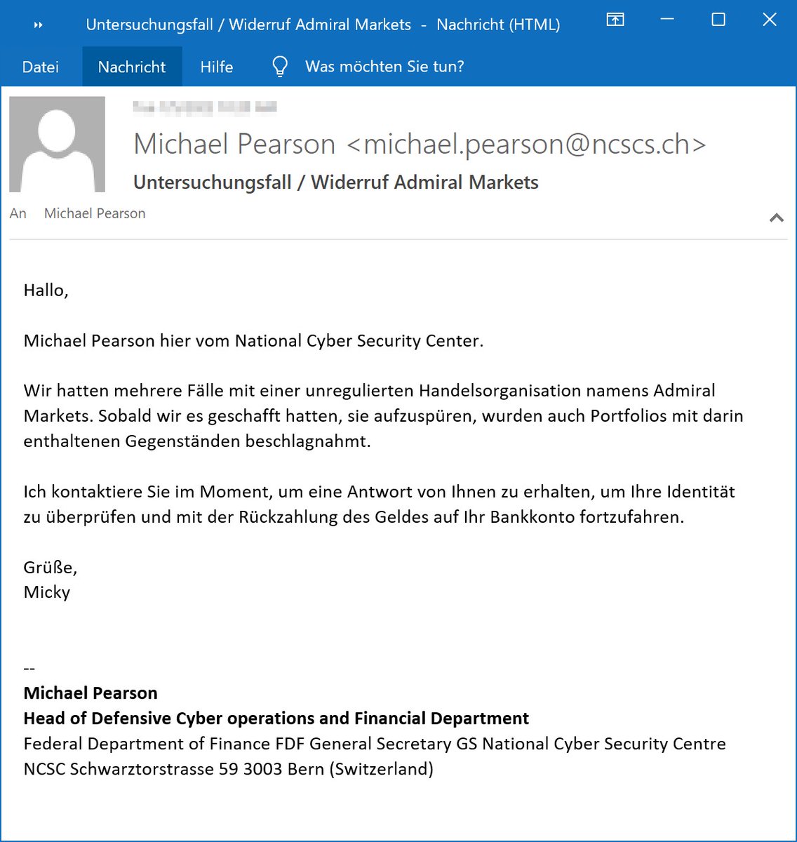 ⚠️ Achtung ⚠️ Momentan versenden Cyberkriminelle gefälschte E-Mails im Namen des NCSC. Dabei verwenden die Täter die Domain ncscS .ch (zusätzliches S). Antworten Sie nicht auf solche E-Mails! 📧🛑