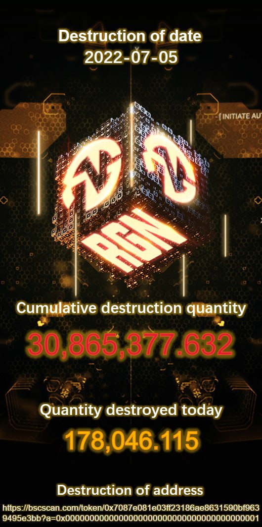 🔥 #RadiantGlory Token (RGN) Destruction Update 🔥

🔸 Date: 07-05-2021
🔸 Quantity destroyed today: 178,046.115
🔸 Cumulative destruction quantity: 30,865,377.632

📍 $RGN destruction address: bscscan.com/token/0x7087e0…