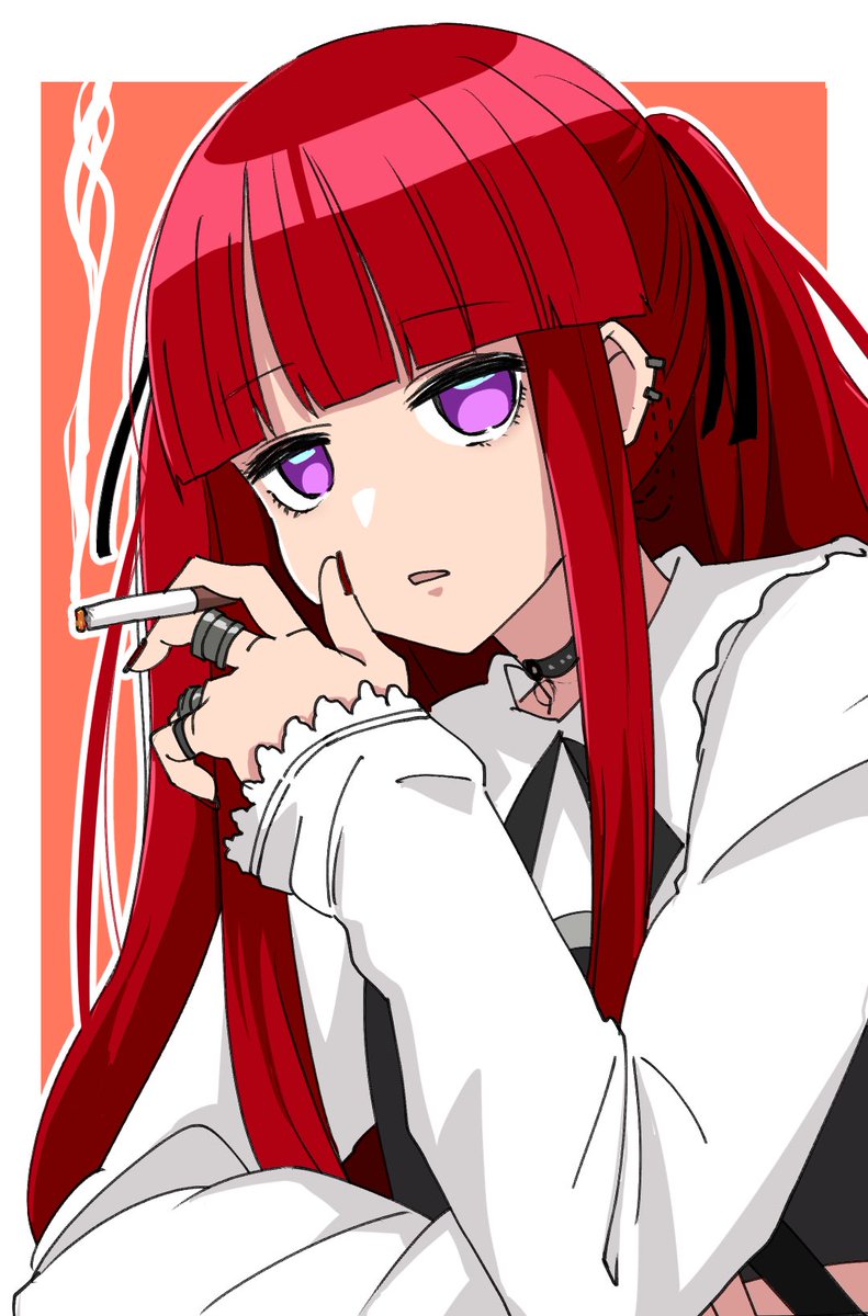 1girl cigarette red hair solo purple eyes holding cigarette ring  illustration images