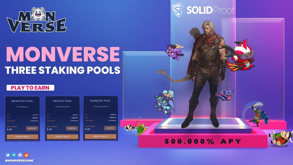 <a href="/monversegame/">Monverse P2E Game | BSC | SOL</a> staking platform is offering three staking pools.

✅Monster Pool: 
Locking period: No locking period
APY %: 110,00,000

✅Archer Pool:
Locking period: 30 days
APY %: 250,000

✅Warrior Pool:
Locking period: 60 days
APY %: 500,000

Link: stake.monverse.games