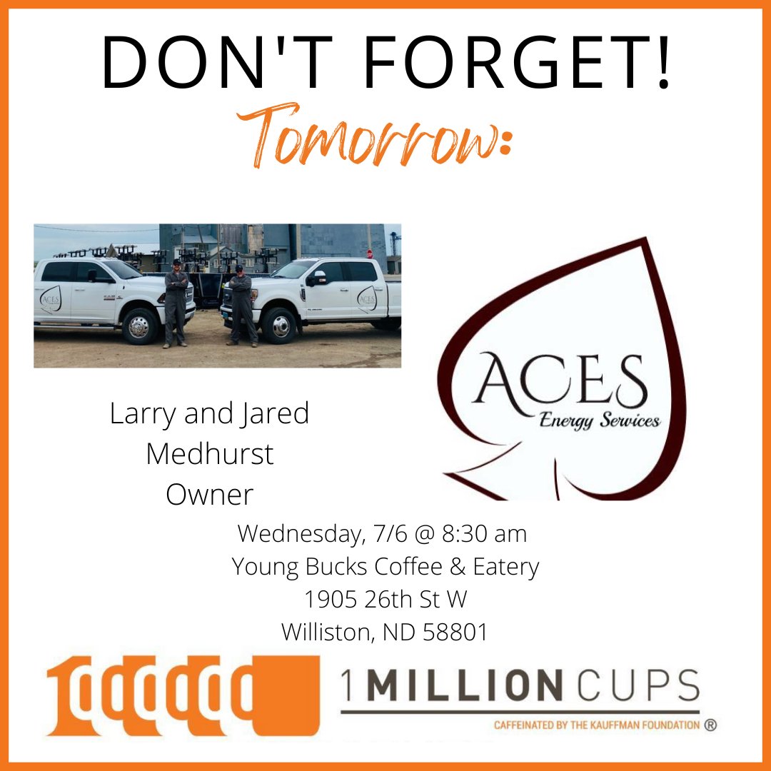 1MillionCupsWST's tweet photo. Don't forget tomorrow's 1 Million Cups ☕ Williston July meeting! 

Can't make it in-person? Watch live on our Facebook page. 

For more information, visit ➡️  https://t.co/TFFh8sFSqe https://t.co/kQwi29d23e