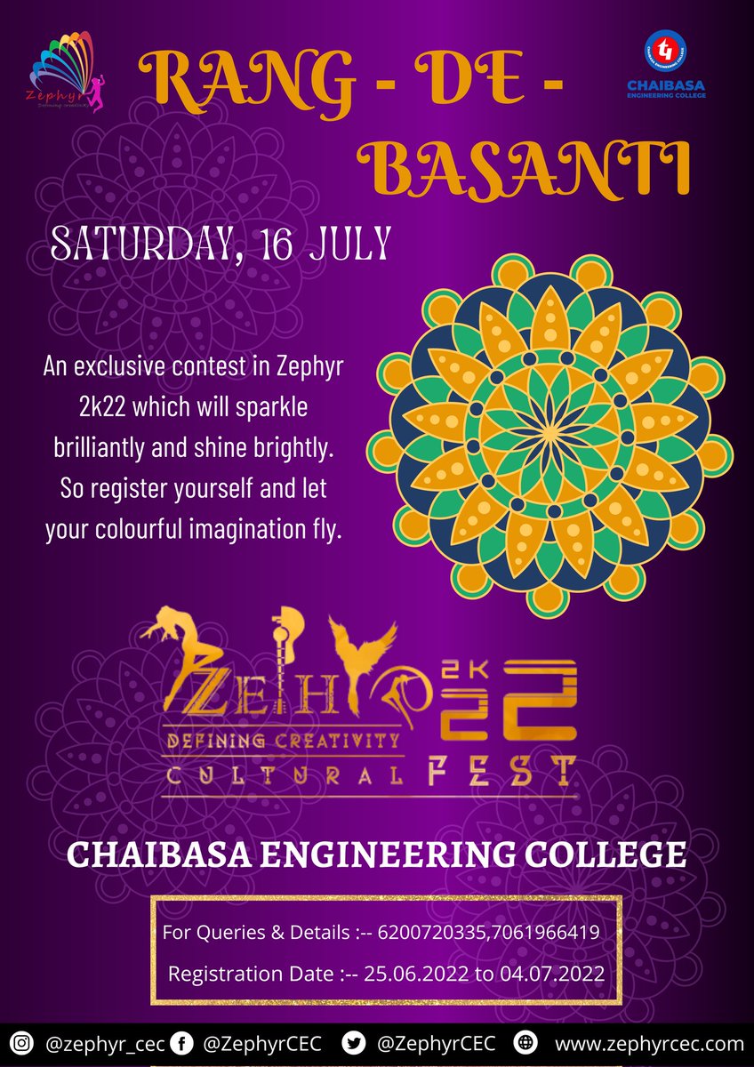 ZephyrCEC's tweet photo. You may not estimate an indian celebration without a rangoli, it absolutely makes the soul for fascination and lights up your environment.
If you need to take an interest in Rangoli competition, 
So join us so 16th july 2022
#zephyr2k22 

Register at :- https://t.co/5KBKJWb1Hi https://t.co/2KwWMlIENI