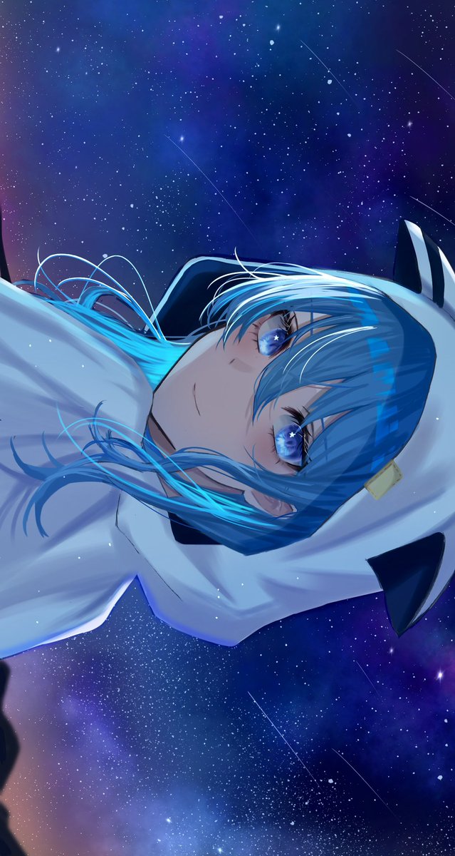 hoshimachi suisei 1girl solo blue hair hood hood up blue eyes star (sky)  illustration images