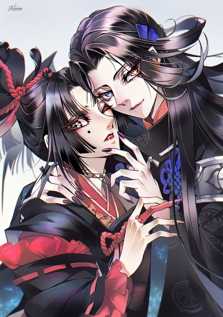 black hair long hair multiple boys makeup ponytail male focus 2boys  illustration images