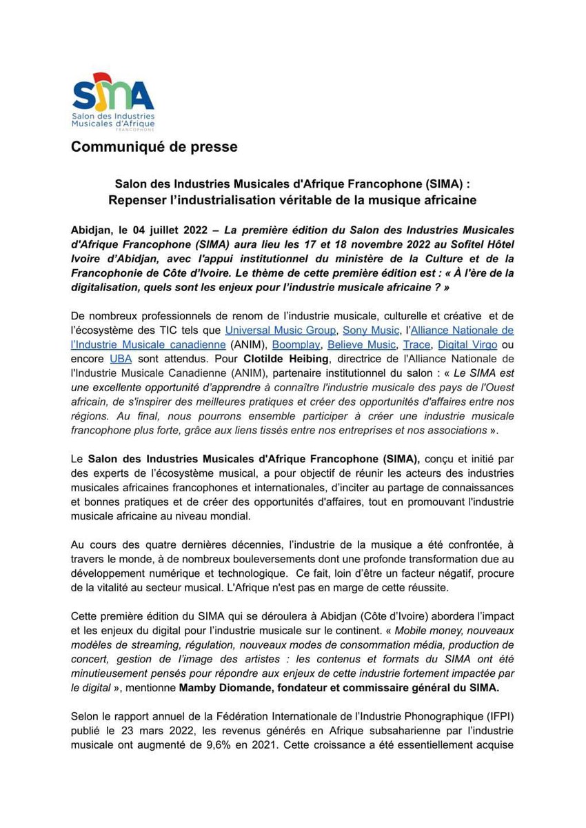 Sima_abidjan's tweet photo. Premier tweet. 
Le ton est donné. La toute 1ere édition du SIMA : Salon International des Industries Musicales d’Afrique Francophone aura lieu les 17 et 18 novembre 2022 au Sofitel Hôtel Ivoire.

#abidjan #simaabidjan #sima2022 #musique https://t.co/U0WtPFHDdT