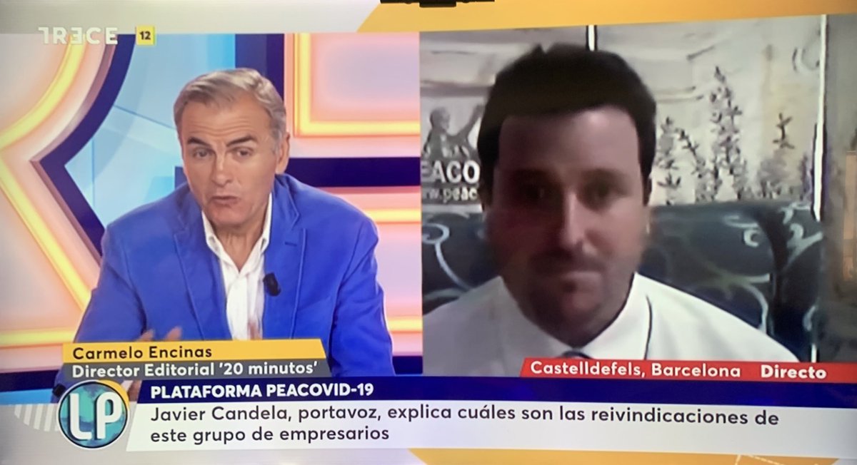 javiercanderod's tweet photo. Hace escasos minutos y en riguroso directo en @LaLupaTRECE de @TRECE_es, @peacovid19 vuelve a salir a la palestra a raíz de su positiva marcha jurídica, esta acción es ya imparable y cada día se unen mas empresarios de toda España!.

Gracias a Raquel Caldas y @CarmeloEnc! https://t.co/V3w1Xc29L2