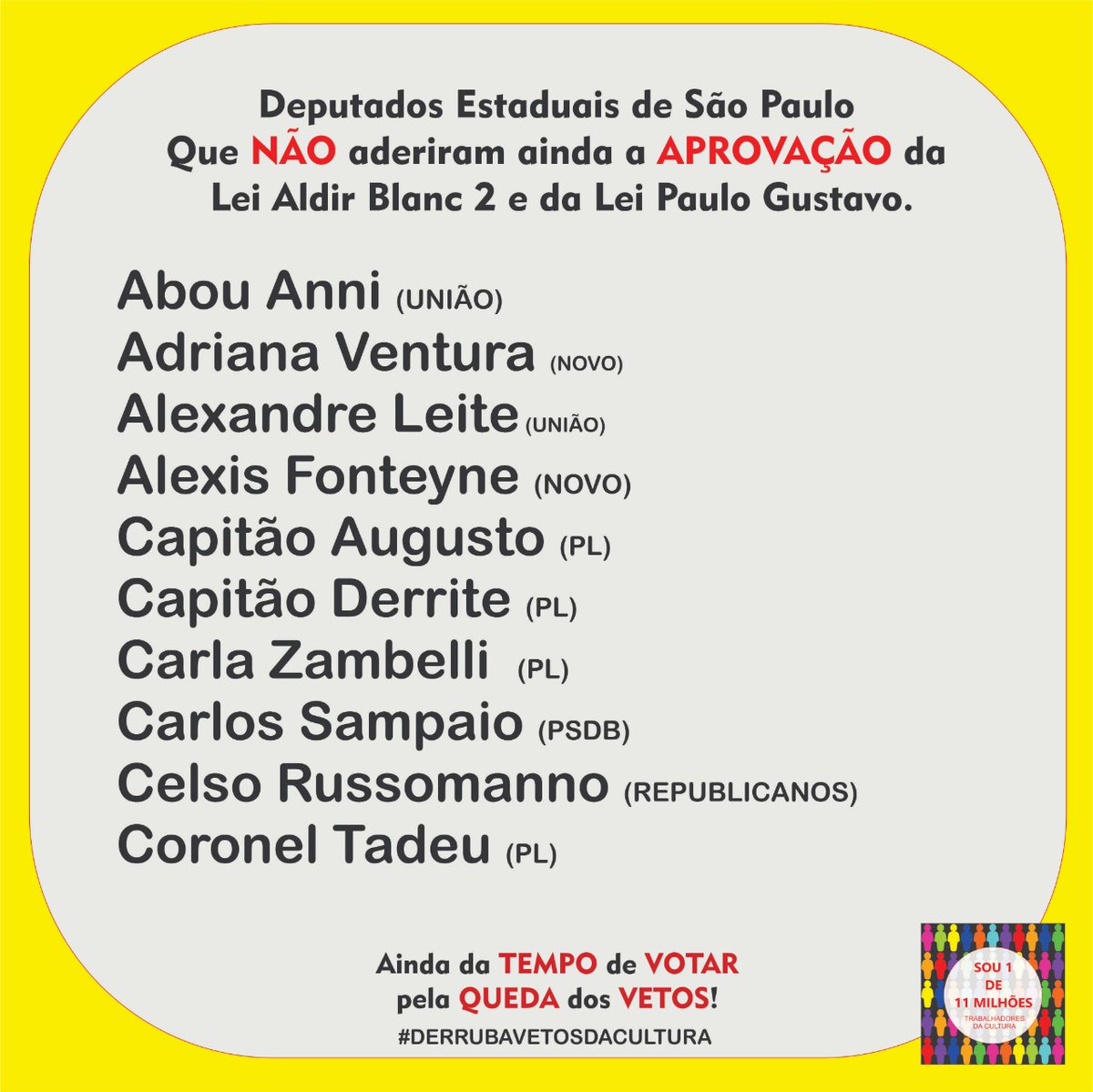 Vamos juntos Deputados pela queda dos Vetos das Leis de Cultura! Gerando mais emprego, renda em um dos setores de maior capilaridade do País! 
<a href="/uniaobrasil44/">União Brasil 44</a> <a href="/partidonovo30/">NOVO 30</a>
<a href="/PSDBoficial/">PSDB 🇧🇷</a> <a href="/republicanos10/">Republicanos10</a> <a href="/PartidoLiberal/">Partido Liberal</a>
#DerrubaVetosdaCultura