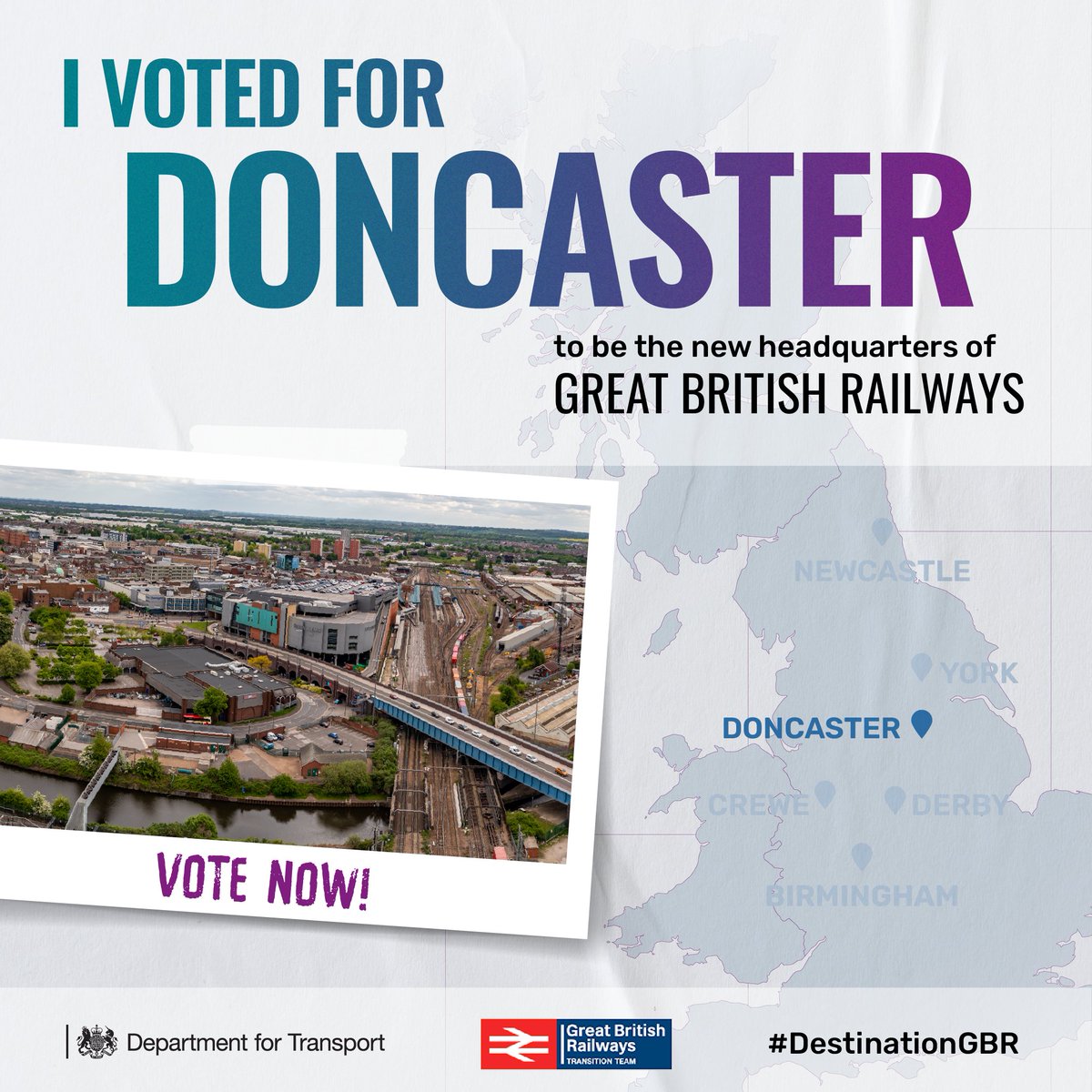 We know you'll be proud to vote for Doncaster as the home of GB Railways, so once you've done so let everyone know!

Feel free to save and share the graphic below👇

🗳️If you haven't voted yet, you can do it here: consultations.gbrtt.co.uk/great-british-…

#DoncasterMadeForGBRHQ #DestinationGBR
